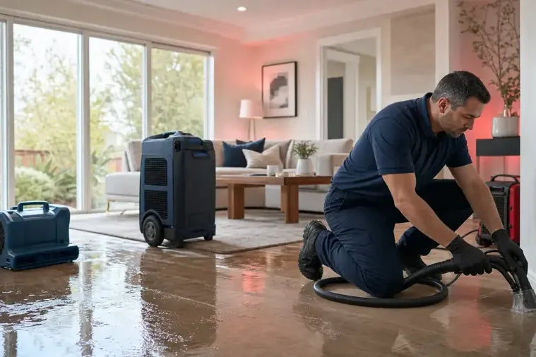 A restoration technician extracting water beside an air mover and dehumidifier in a living room