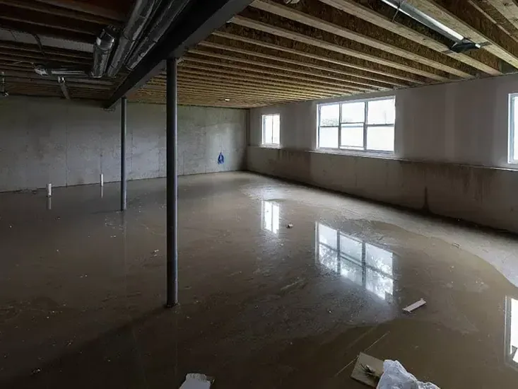 Standing water across a finished basement floor