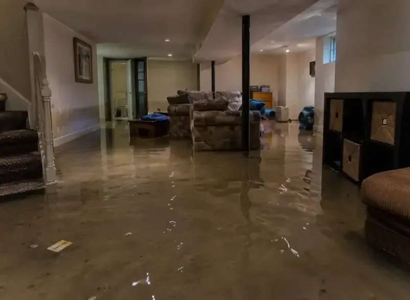 Standing water across a finished basement family room at the bottom of the stairs