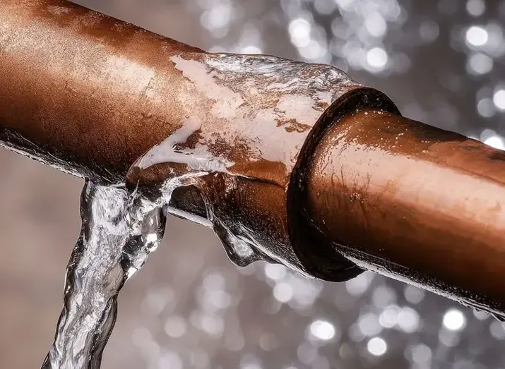 Water pouring from a split copper supply pipe at a fitting