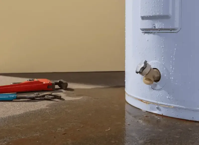A water heater standing in a puddle with a pipe wrench on the wet floor